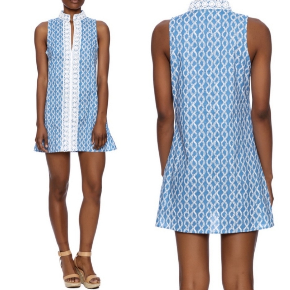 Rock Flower Paper Blue Lace Trimmed Cotton Tunic Mini Dress Size Medium